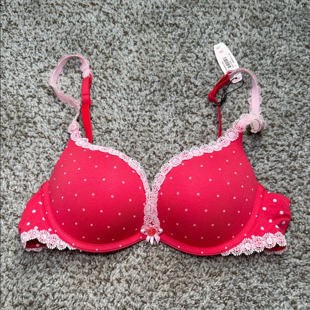 Victoria's Secret Red Pink Polka Dot Lace Trim T-Shirt Bra